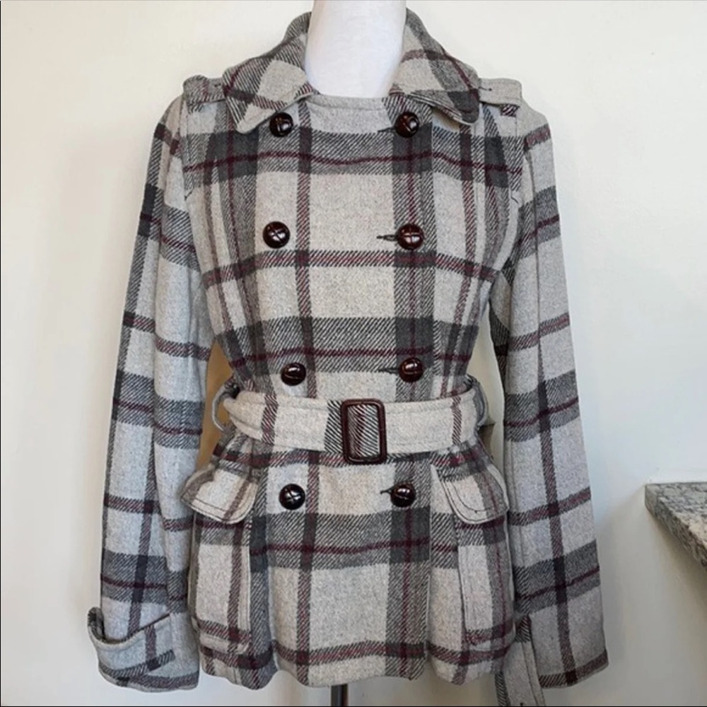 American Eagle WOO plaid pea coat with belt